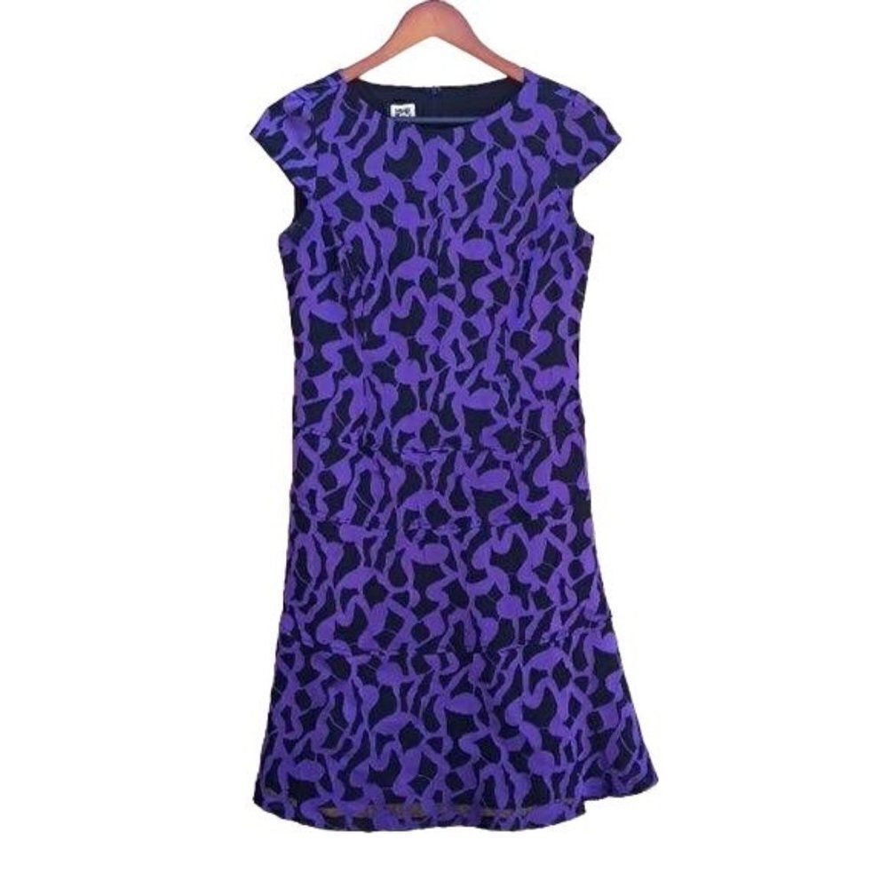 Vintage 90's Anne Klein‎ Dress Cap Sleeve Midi Purple Black Abstract Cutout 4
